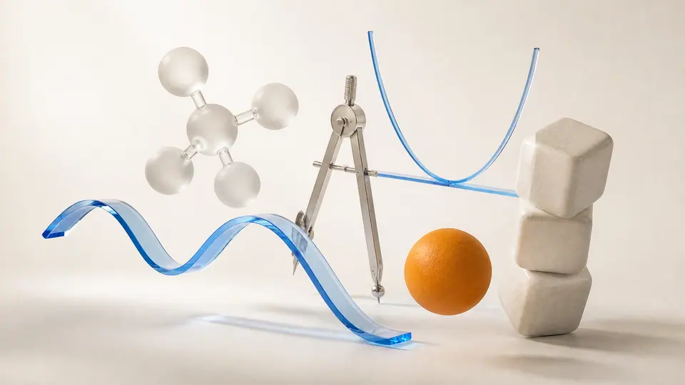 Floating glass learning objects: a sine wave, a molecule, a parabola, soft cubes and a warm orange sphere