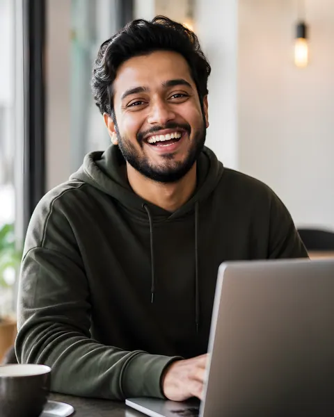 A software engineering mentor laughing at a cafe table