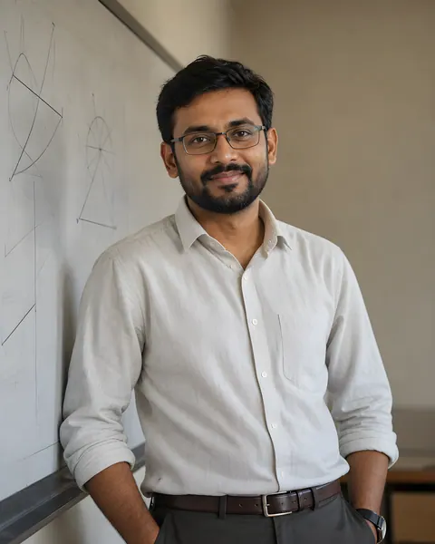 A mathematics instructor beside a whiteboard