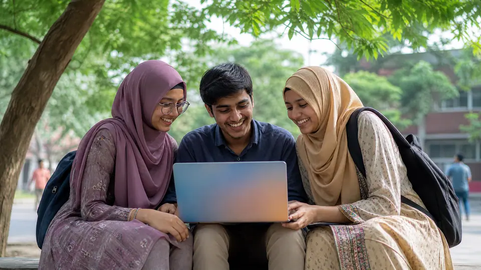 Three students sharing a laptop on a campus bench