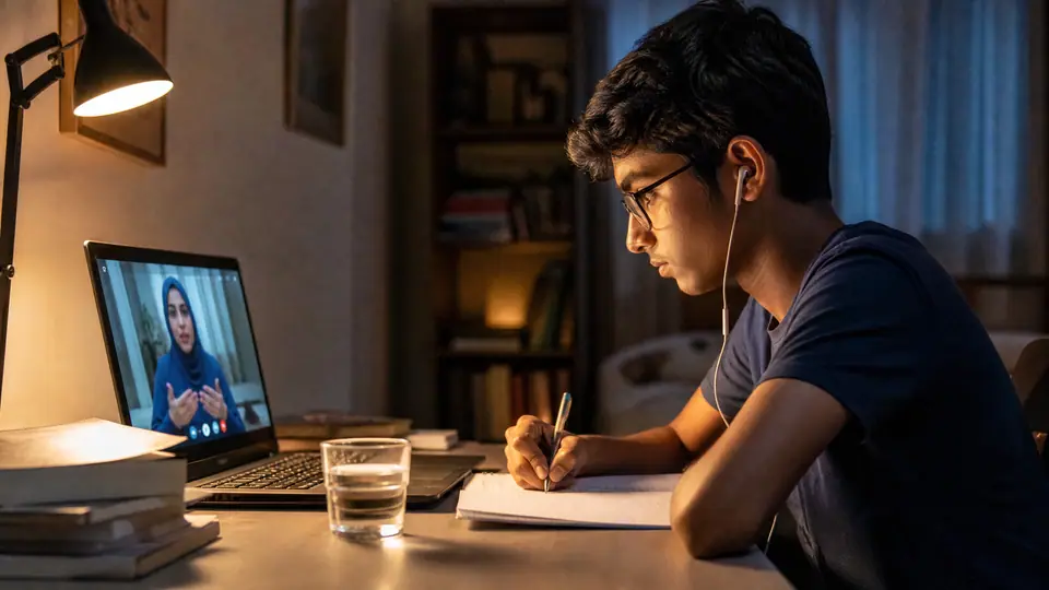 A student on a video call with a mentor, writing notes