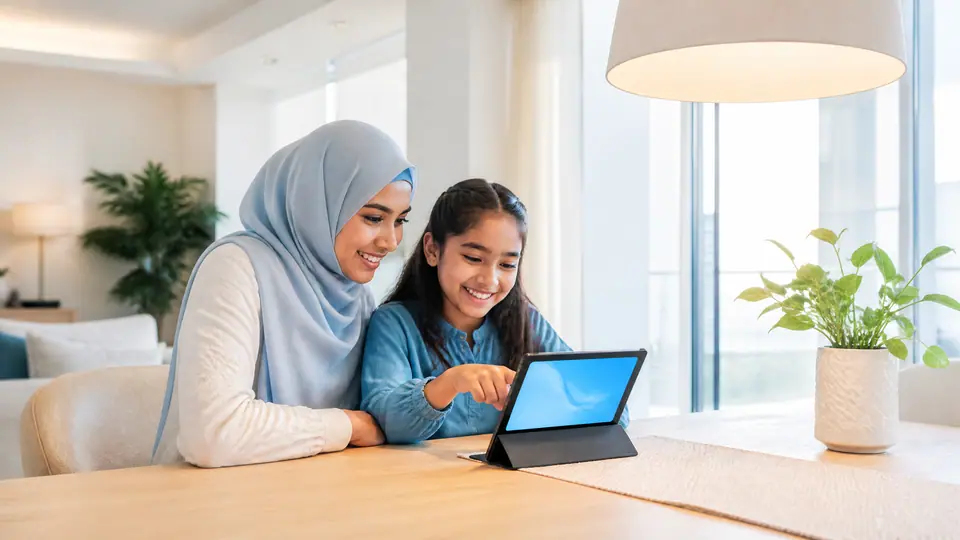 A mother and her daughter at a dining table, both smiling at a tablet